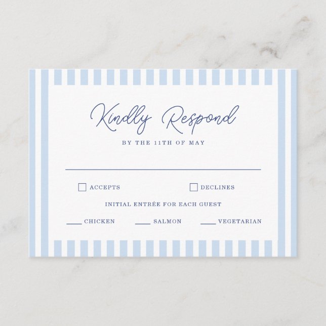 Blue Cabana Stripe Minimalist Wedding RSVP Card (Front)