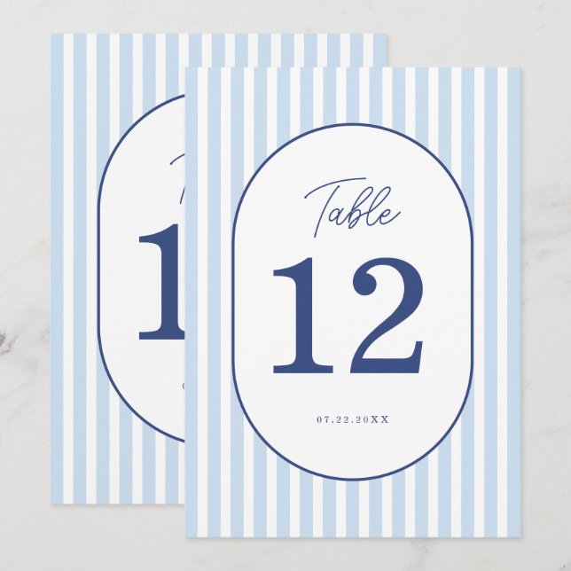 Blue Cabana Stripe Minimalist Wedding Table Number (Front/Back)