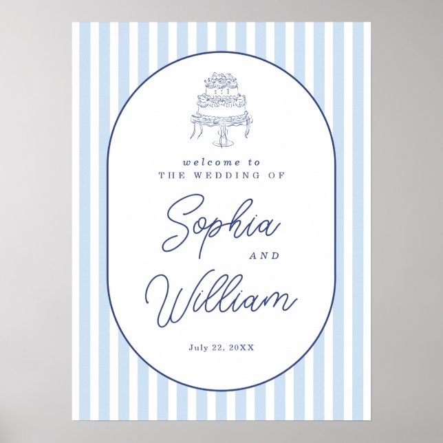 Blue Cabana Stripe Minimalist Wedding Welcome Sign (Front)