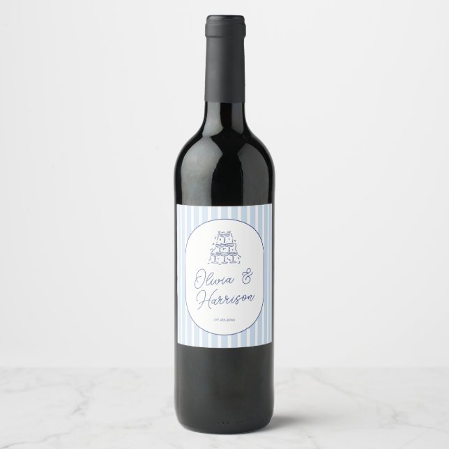 Blue Cabana Stripe Minimalist Wedding Wine Label (Front)