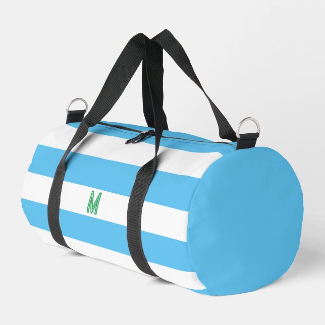 Blue Cabana Stripe & Personalised Green Monogram Duffle Bag (Left Corner)