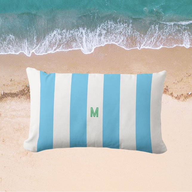 Blue Cabana Stripe & Personalised Green Monogram Lumbar Cushion (Creator Uploaded)