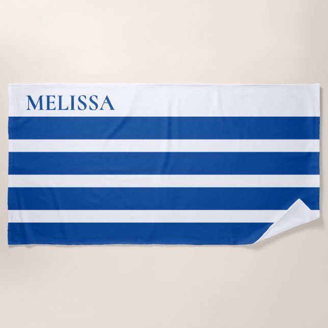 Blue Cabana Stripe Personalized Summer Vacation Beach Towel (Front)