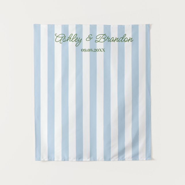 Blue Cabana Stripe Personalized Wedding Tapestry (Front)