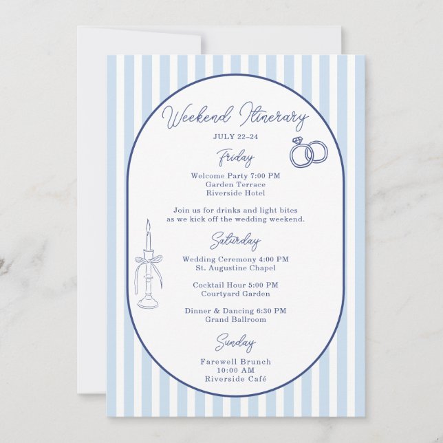 Blue Cabana Stripe Wedding Itinerary Card (Front)