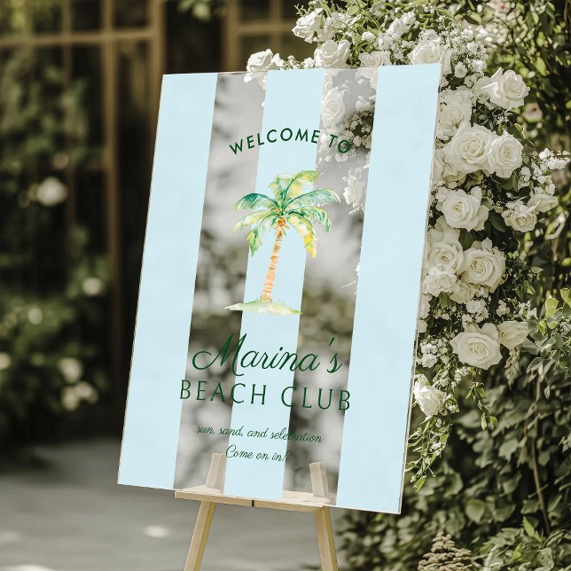 Blue Cabana Stripes Palm Beach Club Welcome Acrylic Sign (Creator Uploaded)