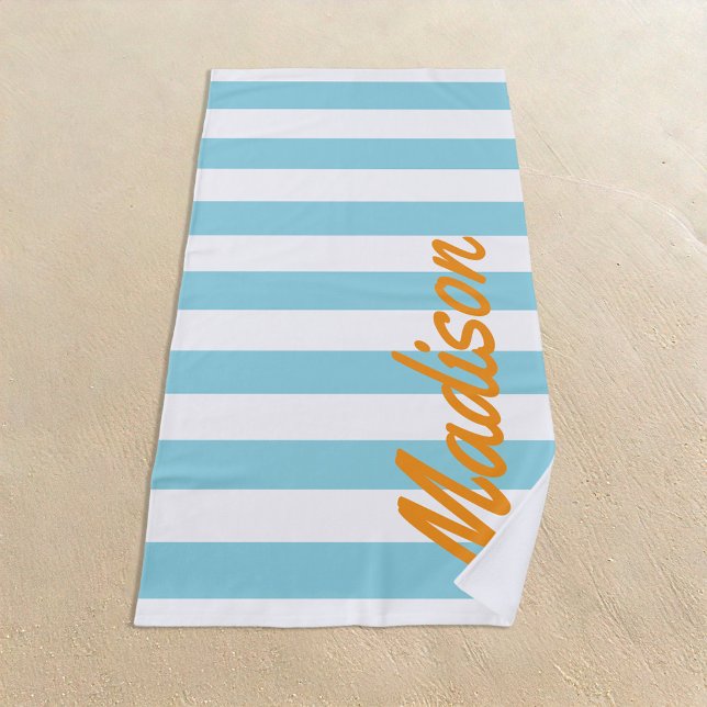 Blue Cabana Stripes Retro Monogram Beach Towel (Creator Uploaded)