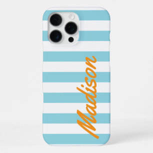 Blue Cabana Stripes Retro Monogram iPhone 16 Pro Max Case