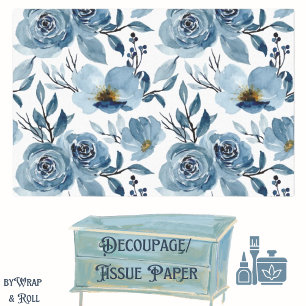 Blue Cabbage Roses Decoupage Tissue Paper