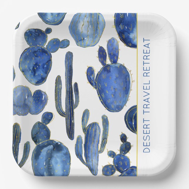 Blue Cactus Desert Chic Gold EVENT NAME Artisan Paper Plate (Front)