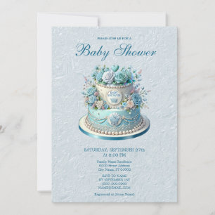 Blue Cake Flowers Baby Shower Invitation