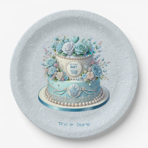 Blue Cake Flowers Paper Plate