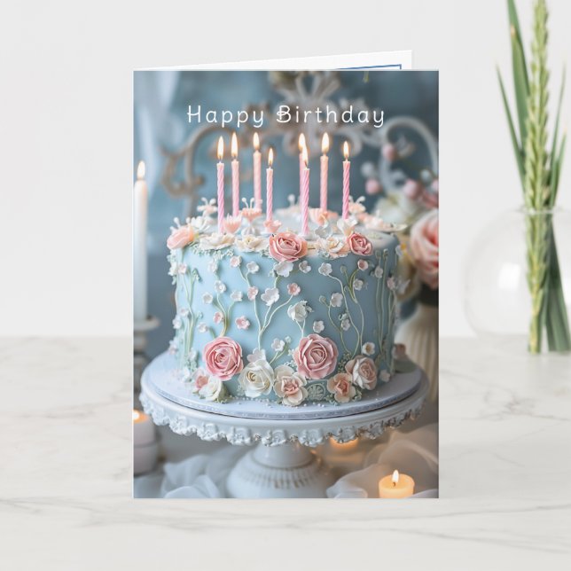 Blue Cake Pink Roses and Candles Happy Birthday  Card (Front)