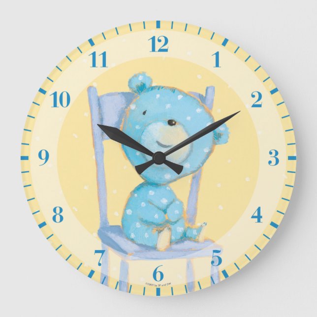 Blue Calico Bear Smiling on Chair Large Clock (Front)