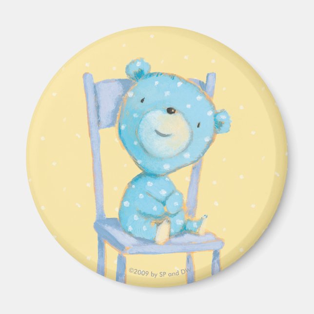 Blue Calico Bear Smiling on Chair Magnet (Front)
