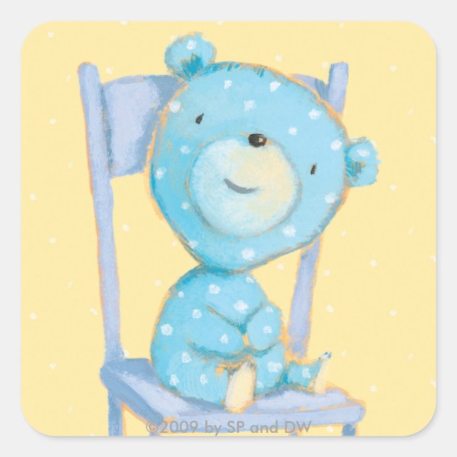 Blue Calico Bear Smiling on Chair Square Sticker (Front)