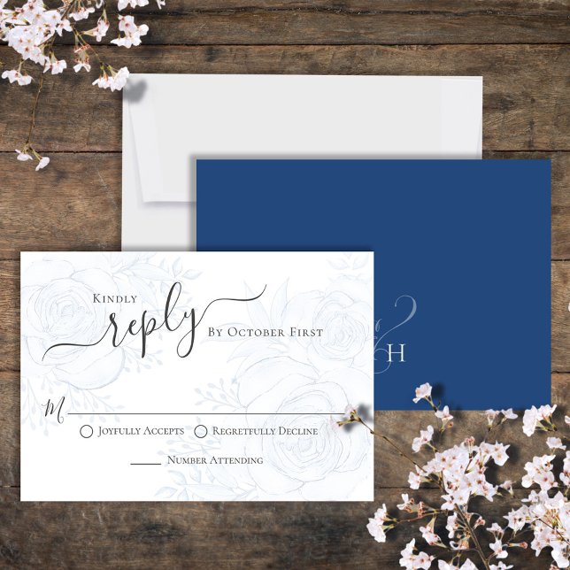 Blue Calligraphy Ampersand Wedding RSVP Card (Classic blue floral reply RSVP card with monogram ampersand backside. )