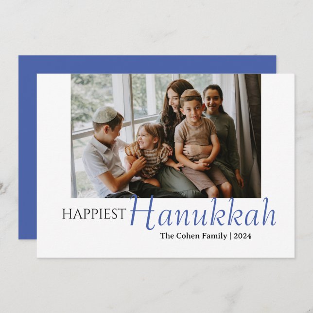 Blue Calligraphy Happiest Hanukkah family 1 photo Holiday Card (Front/Back)