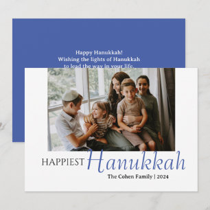 Blue Calligraphy Happiest Hanukkah family 1 photo Holiday Card