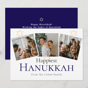 Blue Calligraphy Happiest Hanukkah family 3 photo Holiday Card