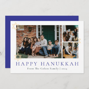 Blue Calligraphy Happiest Hanukkah family 3 photo Holiday Card