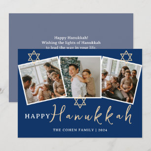 Blue Calligraphy Happiest Hanukkah family 3 photo Holiday Card