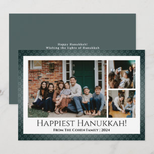 Blue Calligraphy Happiest Hanukkah family 3 photo Holiday Card