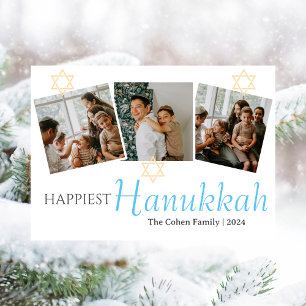Blue Calligraphy Happiest Hanukkah family 3 photo Holiday Card