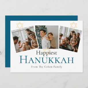 Blue Calligraphy Happiest Hanukkah family 3 photo Holiday Card
