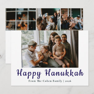 Blue Calligraphy Happiest Hanukkah family 4 photo Holiday Card