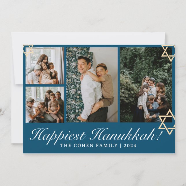Blue Calligraphy Happiest Hanukkah family 4 photo Holiday Card (Front)