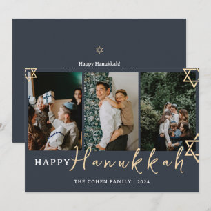 Blue Calligraphy Happy Hanukkah family 3 photo Holiday Card