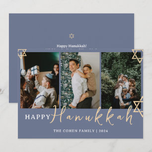 Blue Calligraphy Happy Hanukkah family 3 photo Holiday Card