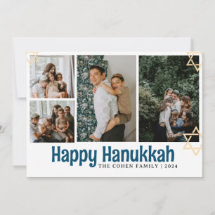 Blue Calligraphy Happy Hanukkah family 4 photo Holiday Card