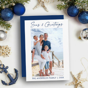 Blue Calligraphy Ink Seas and Greetings Photo Holiday Card