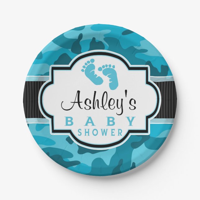 Blue Camo, Camouflage Baby Shower Paper Plate (Front)