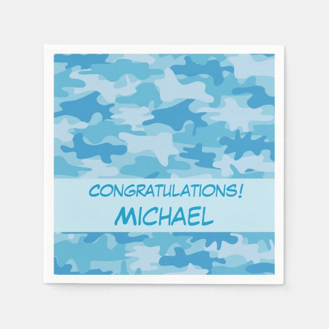 Blue Camo Camouflage Congratulations Name Custom Napkin (Front)