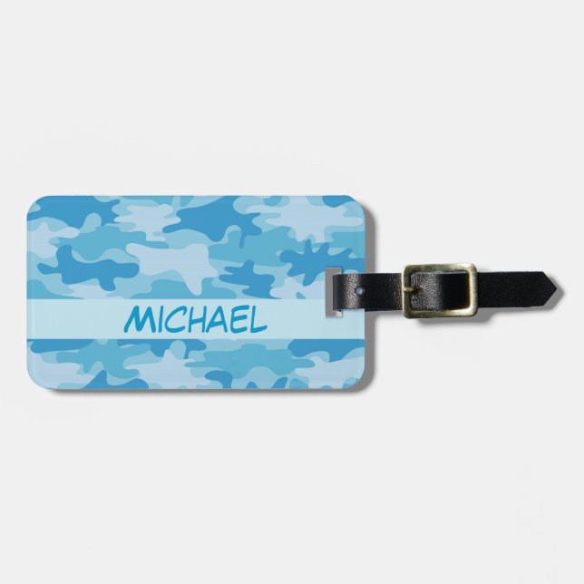 Blue Camo Camouflage Name Personalised Luggage Tag (Front Horizontal)