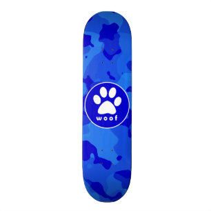 Blue Camo; Paw Print Skateboard