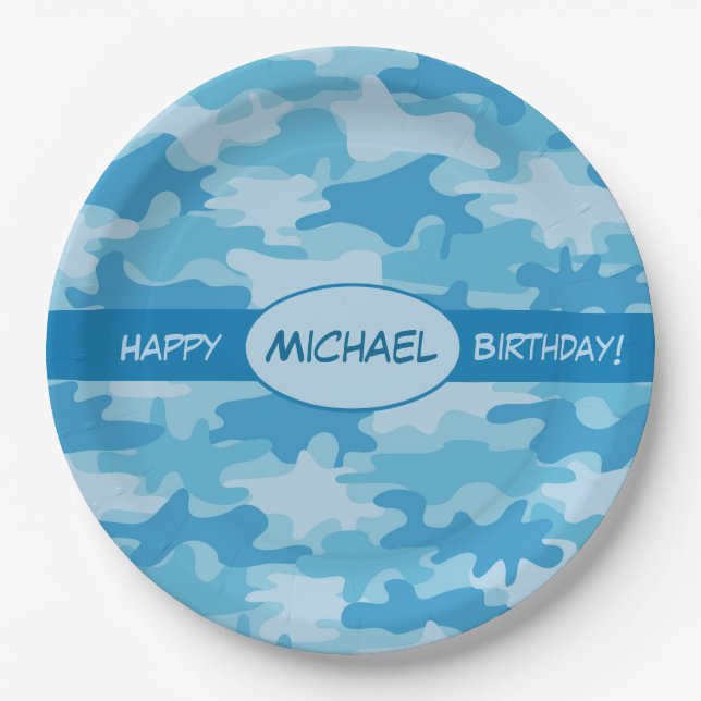 Blue Camouflage Happy Birthday Name Personalised Paper Plate (Front)