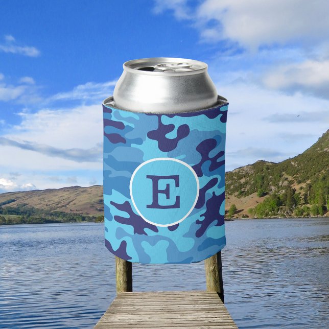Blue Camouflage Monogram Preppy Personalised Can Cooler (Creator Uploaded)