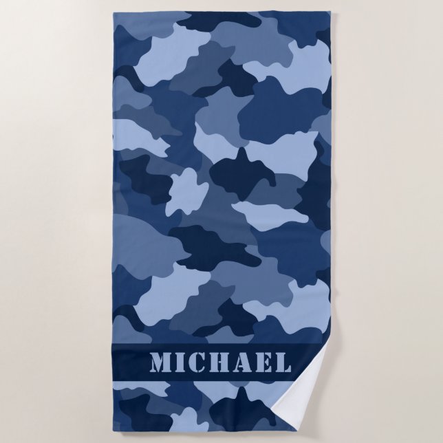 Blue Camouflage Pattern Light Blue Name Beach Towel (Front)