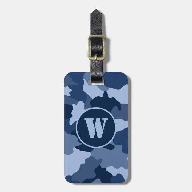 Blue Camouflage Pattern Monogram Initial Luggage Tag (Front Vertical)