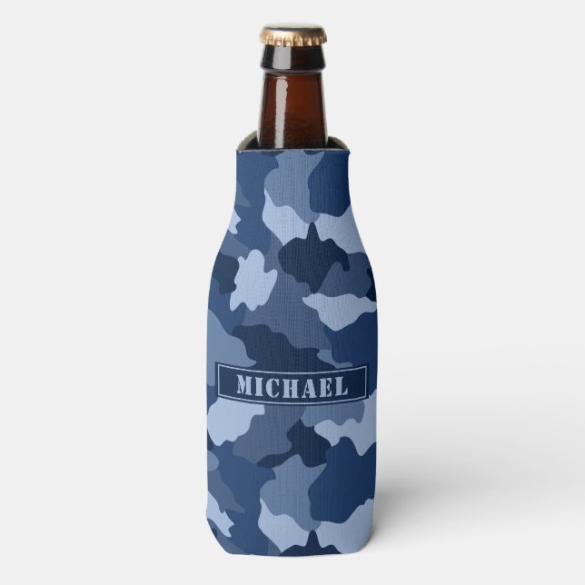 Blue Camouflage Pattern Monogram Name Bottle Cooler (Bottle Front)
