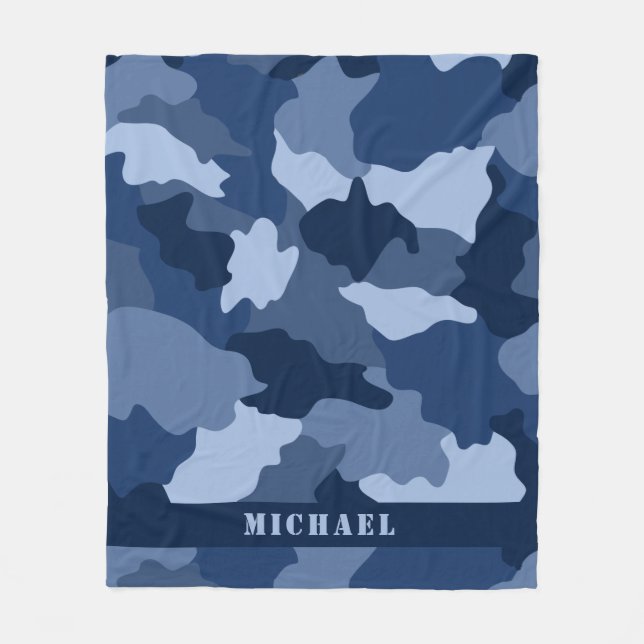Blue Camouflage Pattern Monogram Name Fleece Blanket (Front)