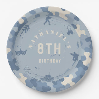 Blue Camouflage Soldier Army birthday Paper Plate