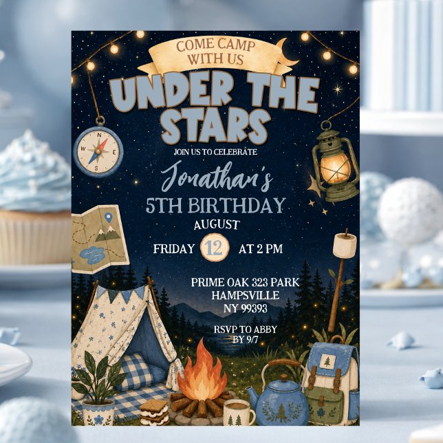 Blue Camp Under The Stars Birthday Invitation (Creator Uploaded)