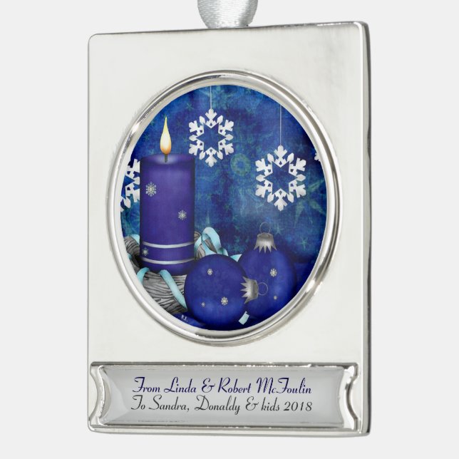 Blue Candle Christmas Silver Plated Banner Ornament (Left)