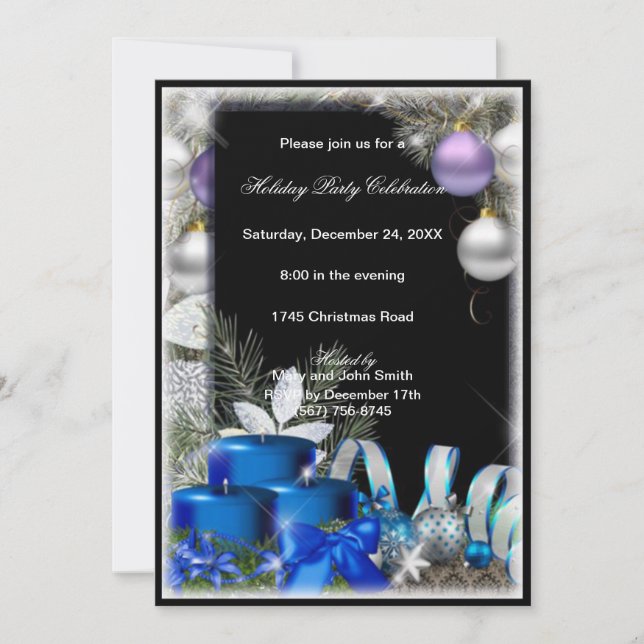 Blue Candles Baubles Christmas Party Invitation (Front)
