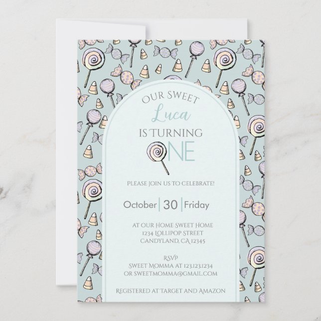 Blue Candy First 1st Birthday Photo Invitation (Front)